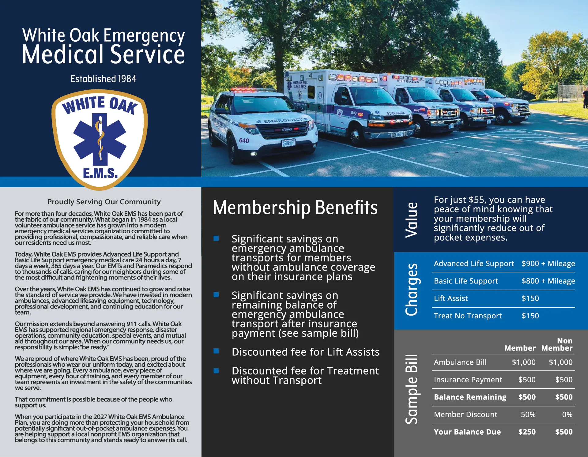 White Oak EMS 2027 brochure showing ambulances, membership benefits, service charges, and a sample bill