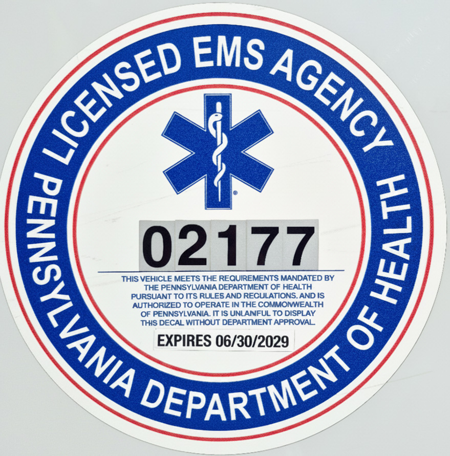 Pennsylvania Department of Health Licensed EMS Agency decal — #02177, expires 06/30/2029